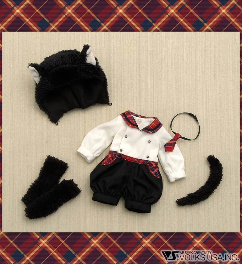 Fluffy Black Cat Ear Rompers (Red Plaid) - Image 4