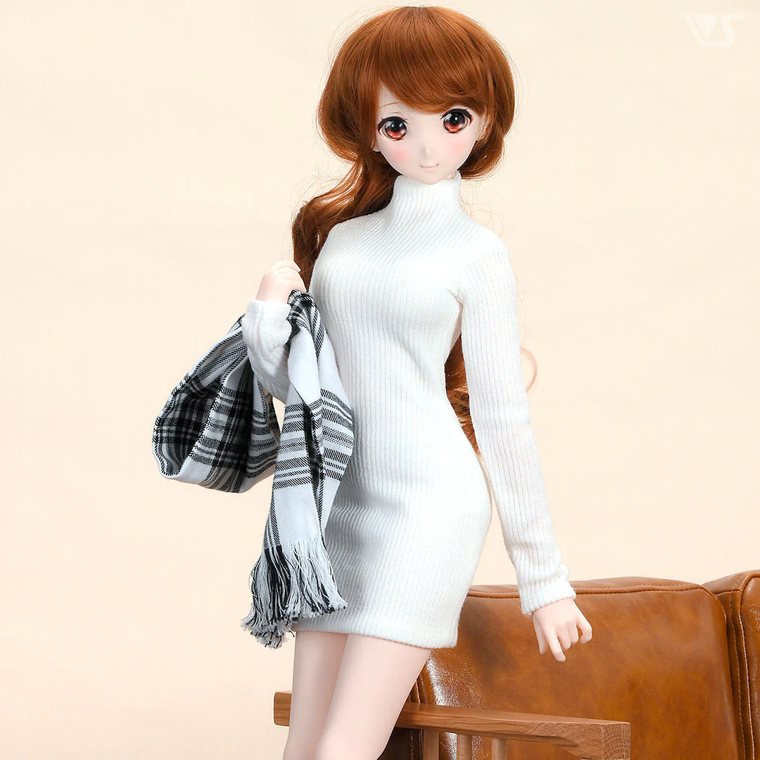 Ribbed High Neck Knit Dress (White) - Image 3