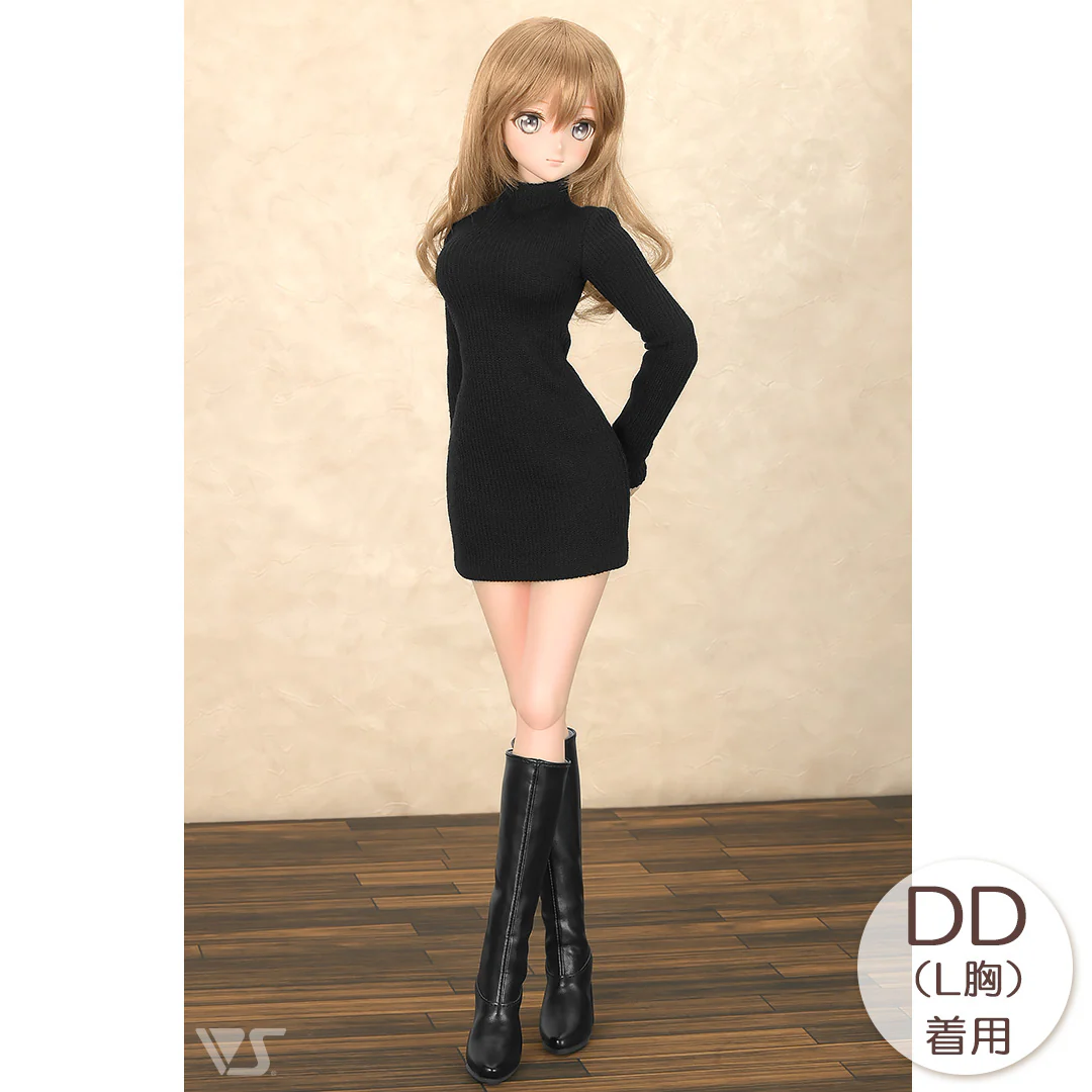 Ribbed High Neck Knit Dress (Black) - Image 7