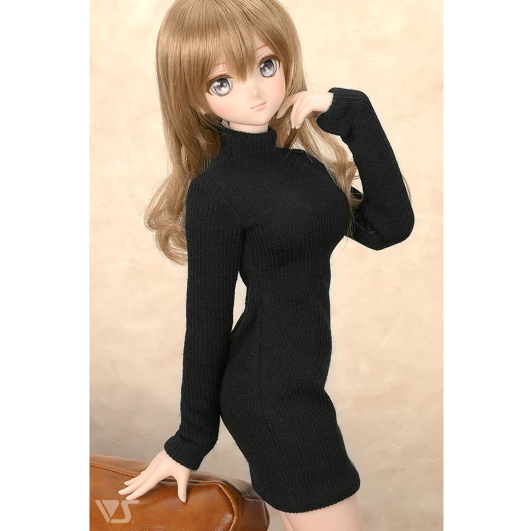 Ribbed High Neck Knit Dress (Black) - Image 9